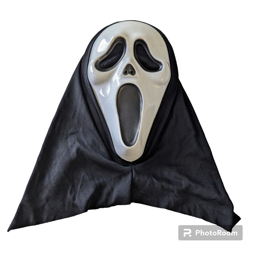 Scream Mask White Ghost Halloween Costume Face W/Black Hood Adult One Size NWOT